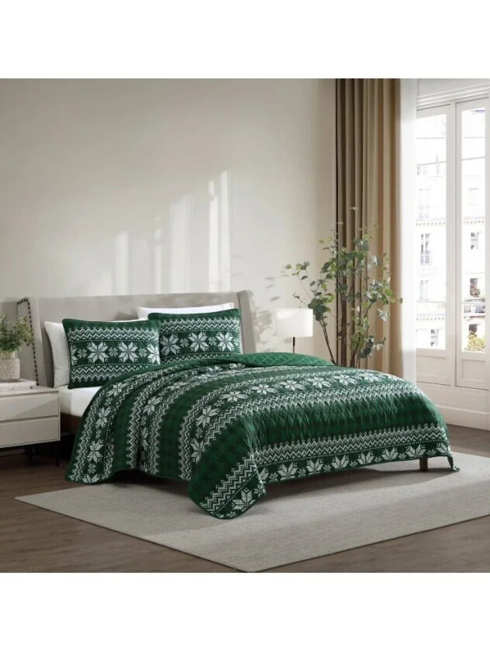 Lenox 3-Piece Quilt Set Snowflake Green KING SIZE